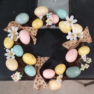 Colorful Easter Egg Wreath with Flowers and Bows
